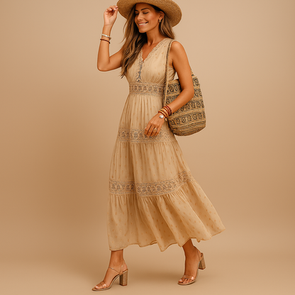 Women’s boho summer dress with airy fit and Ibiza-inspired style, perfect for festivals, beach days, vacations, and relaxed summer outfits.