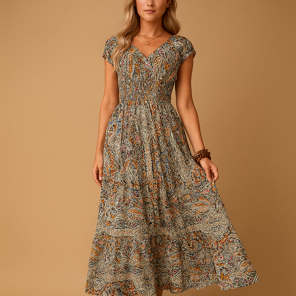 Women’s boho maxi dress with a flowy fit and vibrant colors, perfect for summer days, beach trips, and festival outings.