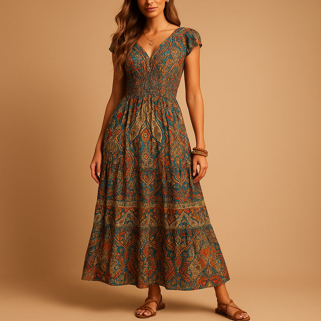 Women’s boho maxi dress with a flowy fit and vibrant colors, perfect for summer days, beach trips, and festival outings.