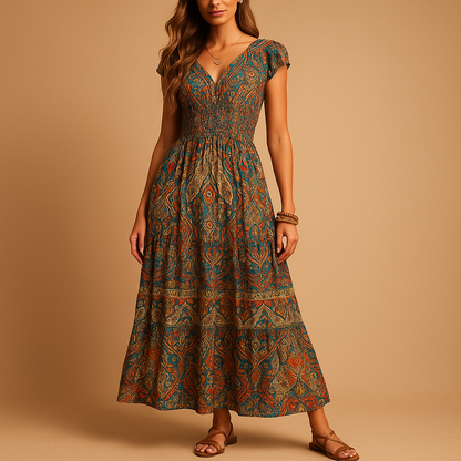 Women’s boho maxi dress with a flowy fit and vibrant colors, perfect for summer days, beach trips, and festival outings.