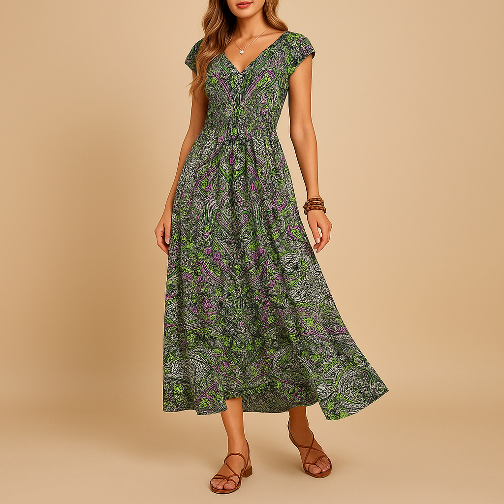 Women’s boho maxi dress with a flowy fit and vibrant colors, perfect for summer days, beach trips, and festival outings.