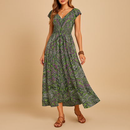 Women’s boho maxi dress with a flowy fit and vibrant colors, perfect for summer days, beach trips, and festival outings.