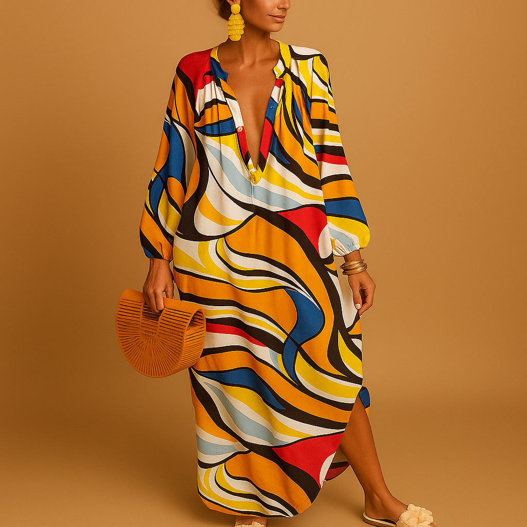 Boho maxi dress with long sleeves for women made from lightweight breathable fabric, perfect for summer festivals, beach outings, and casual days.