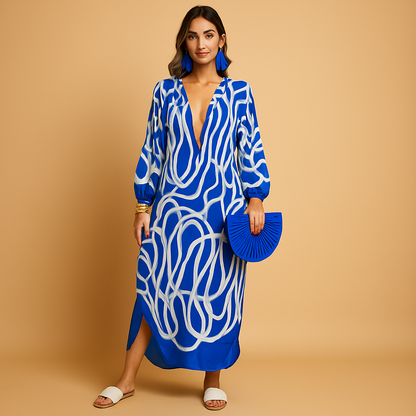 Boho maxi dress with long sleeves for women made from lightweight breathable fabric, perfect for summer festivals, beach outings, and casual days.