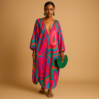 Boho maxi dress with long sleeves for women made from lightweight breathable fabric, perfect for summer festivals, beach outings, and casual days.