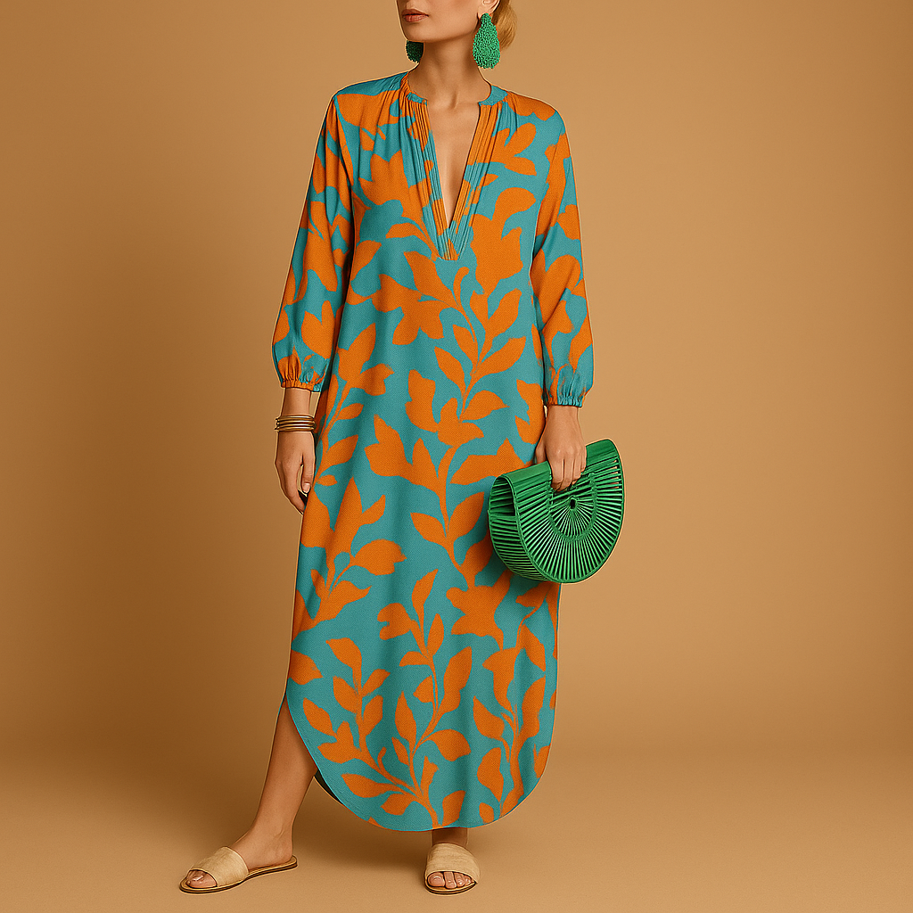 Boho maxi dress with long sleeves for women made from lightweight breathable fabric, perfect for summer festivals, beach outings, and casual days.