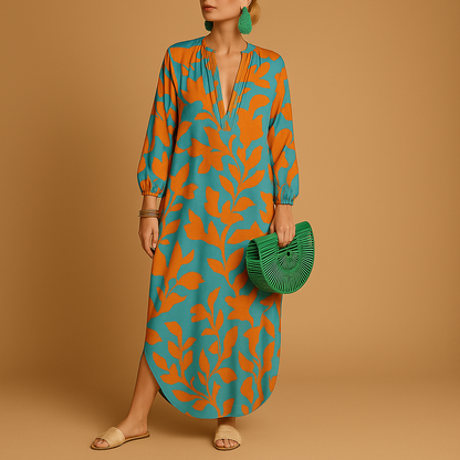 Boho maxi dress with long sleeves for women made from lightweight breathable fabric, perfect for summer festivals, beach outings, and casual days.