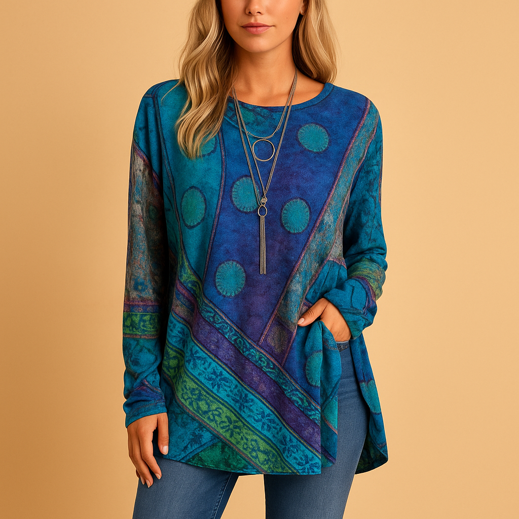 Women’s boho off-shoulder top with ethnic print and relaxed fit, ideal for festivals, summer days, and casual boho outfits.