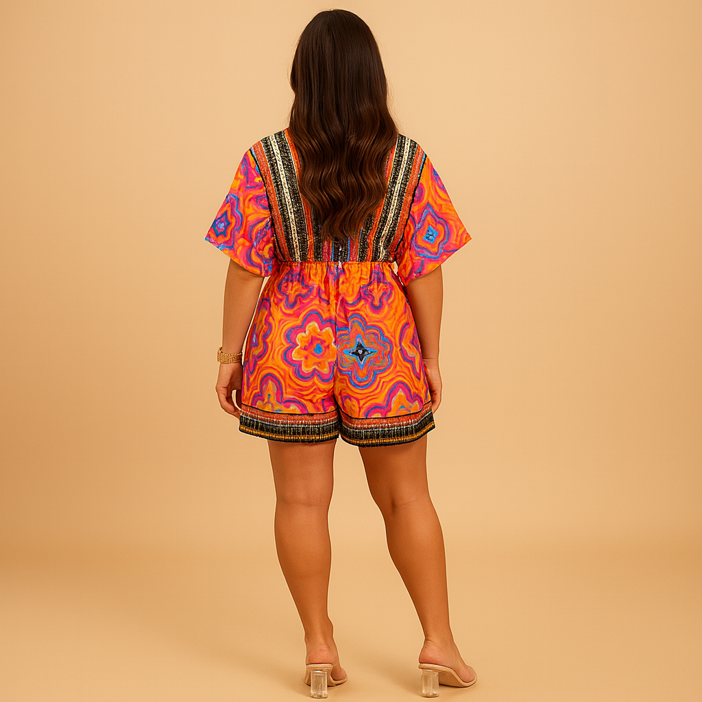 Woman wearing an orange boho summer jumpsuit with wide legs and batwing sleeves, perfect for beach days and casual summer outings.