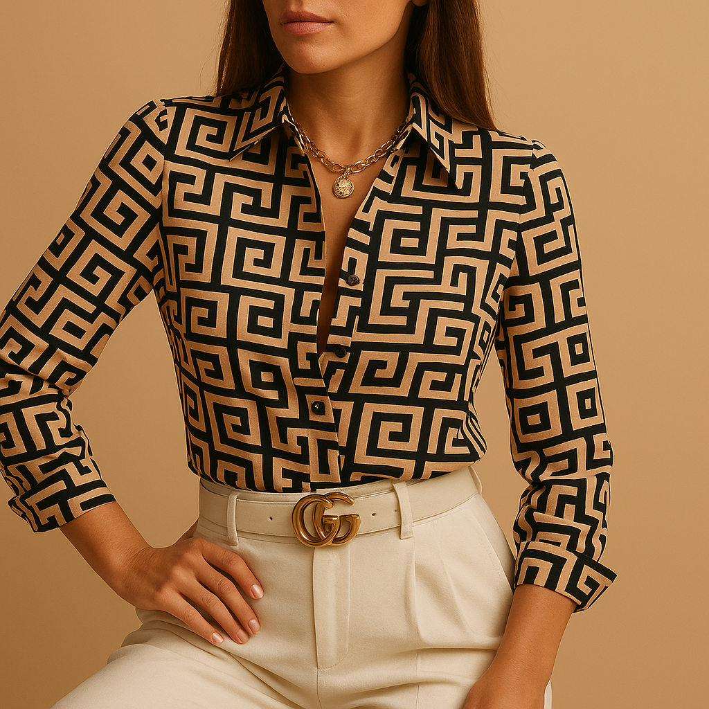 Women’s bold print blouse with a flattering fit and lightweight, breathable design, suitable for work, casual wear, and special occasions.