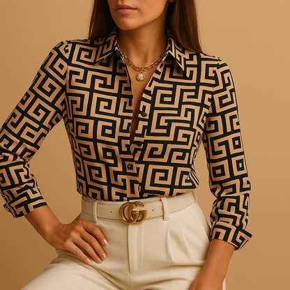 Women’s bold print blouse with a flattering fit and lightweight, breathable design, suitable for work, casual wear, and special occasions.