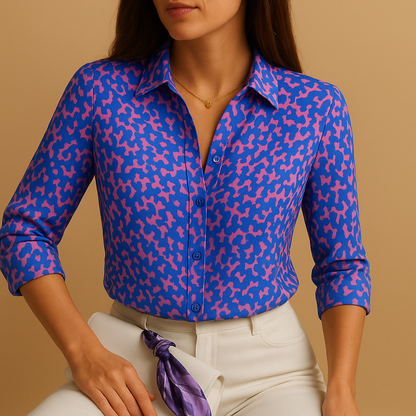 Women’s bold print blouse with a flattering fit and lightweight, breathable design, suitable for work, casual wear, and special occasions.