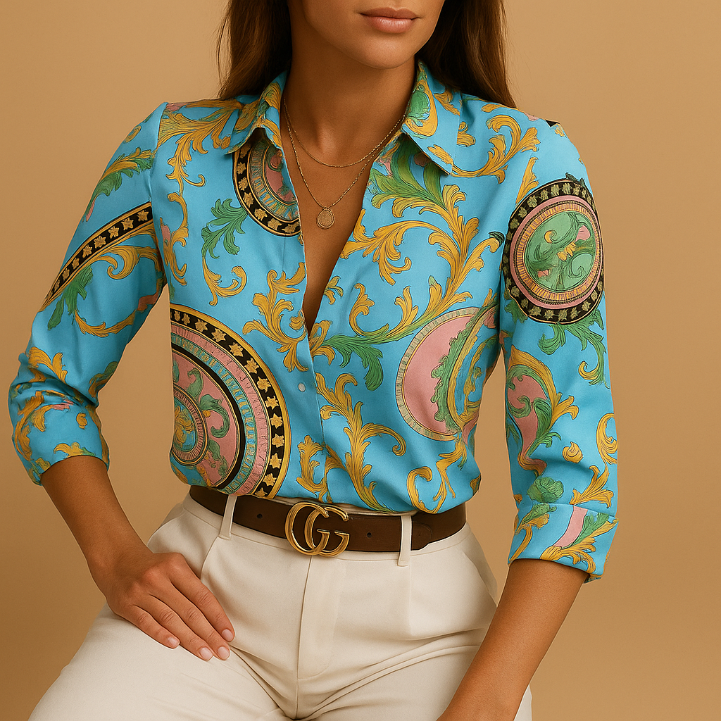 Women’s bold print blouse with a flattering fit and lightweight, breathable design, suitable for work, casual wear, and special occasions.