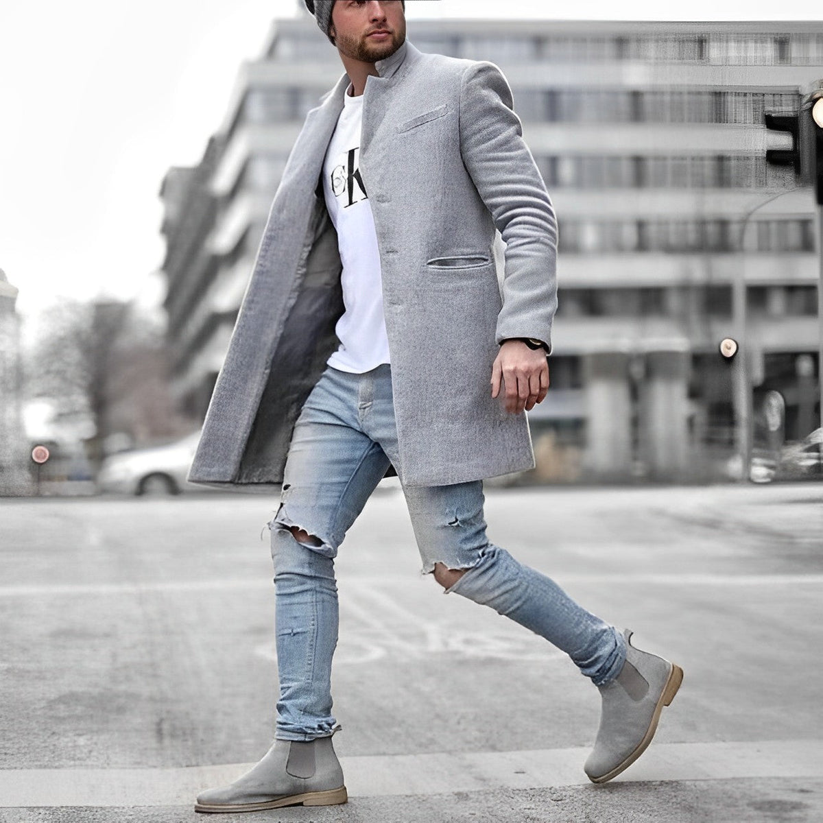 Men's Mid-Length Overcoat Stand Collar Wool Tan - VibreMode