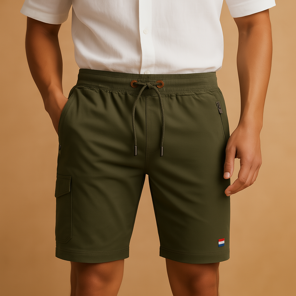 Breathable athletic shorts for men with multiple pockets and elastic waistband, ideal for sports, travel, and everyday comfort.