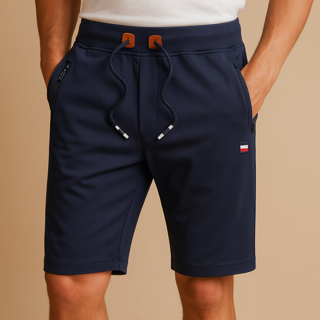 Breathable athletic shorts for men with multiple pockets and elastic waistband, ideal for sports, travel, and everyday comfort.