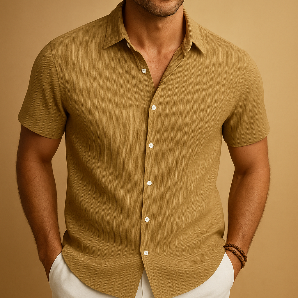 Breathable short sleeve casual shirt for men with a classic collar and lightweight fit, ideal for summer days, casual outings, and relaxed work environments.