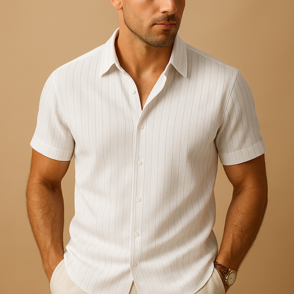 Breathable short sleeve casual shirt for men with a classic collar and lightweight fit, ideal for summer days, casual outings, and relaxed work environments.