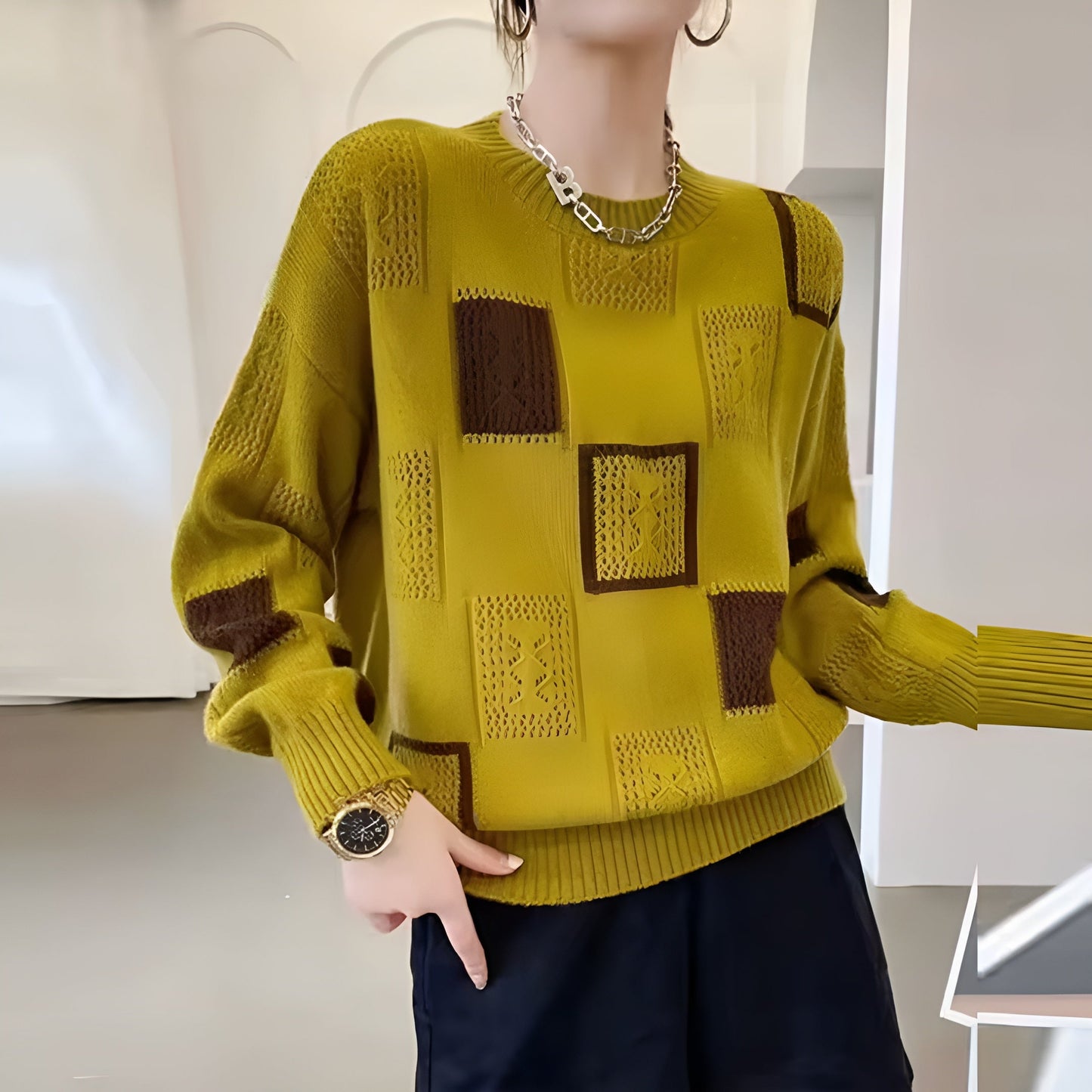 Classic Knit Square Pattern Sweater