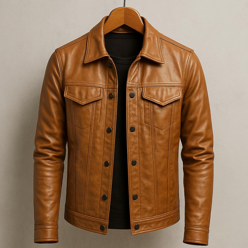 Men's Stand Collar Jacket Snap Front Cotton Tan