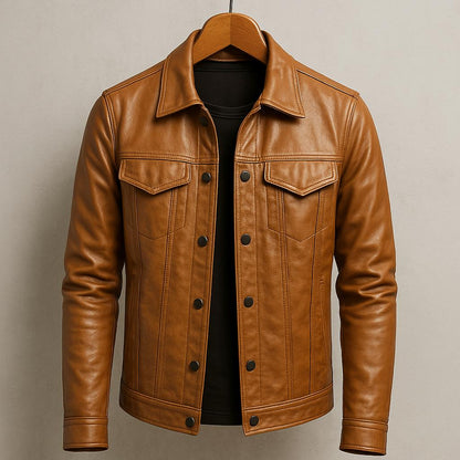 Men's Stand Collar Jacket Snap Front Cotton Tan