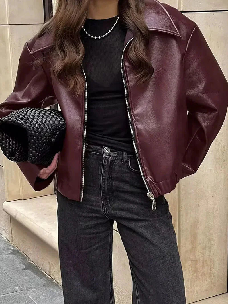 Women's Faux Leather Jacket Burgundy - VibreMode