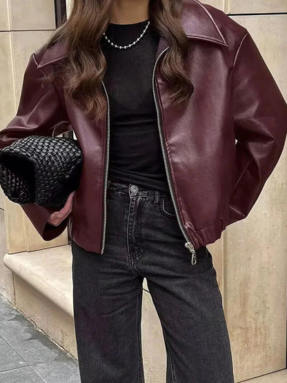 Women's Faux Leather Jacket Burgundy - VibreMode
