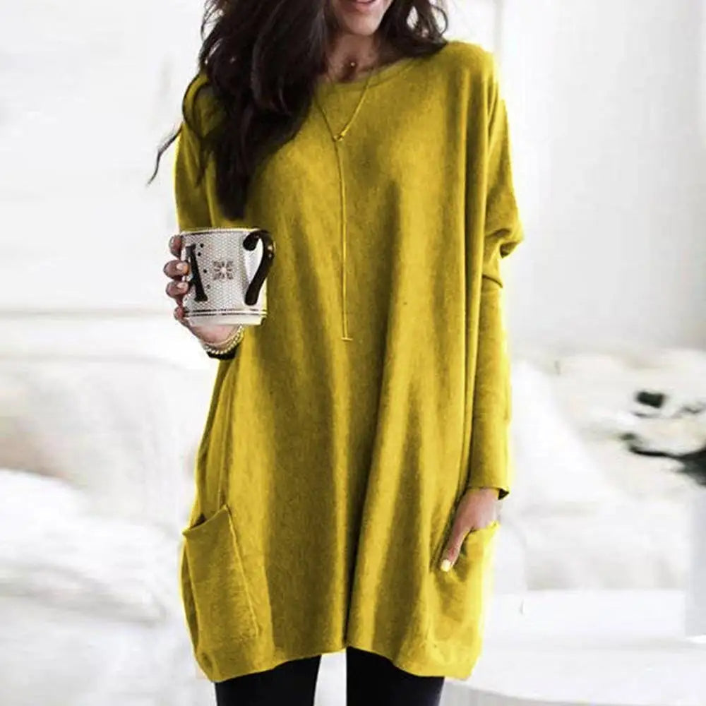 Women's Soft Cotton Blend Crew Neck Sweater Long Sleeve With Pockets