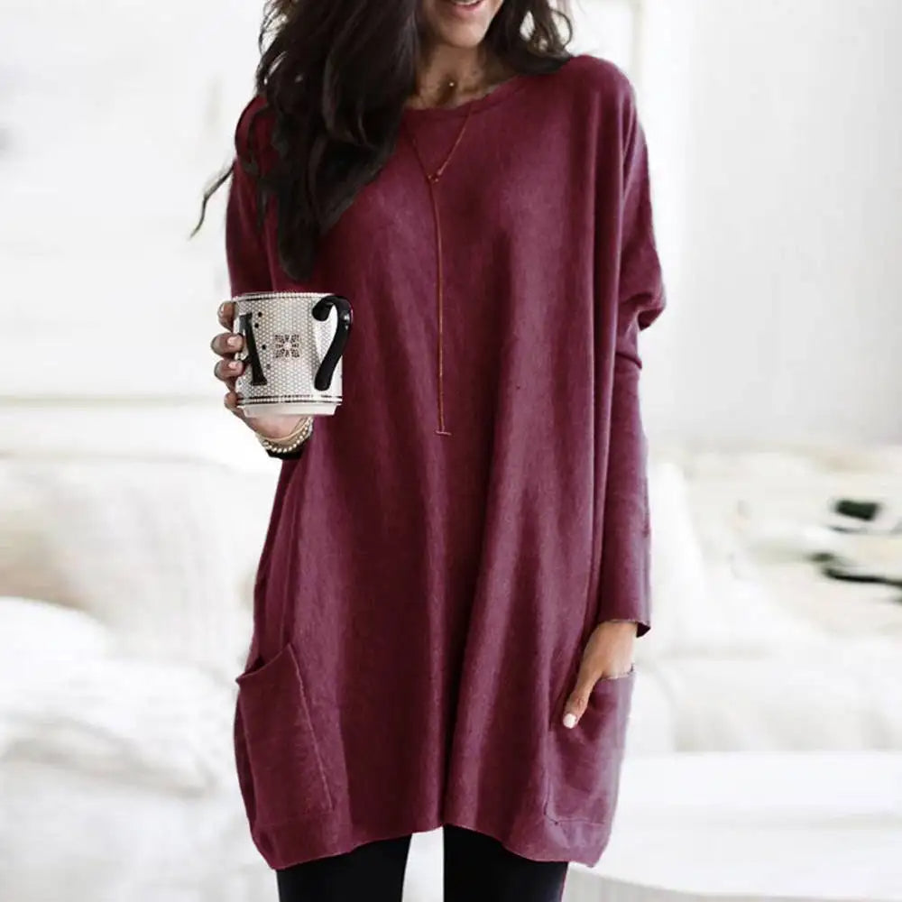 Women's Soft Cotton Blend Crew Neck Sweater Long Sleeve With Pockets
