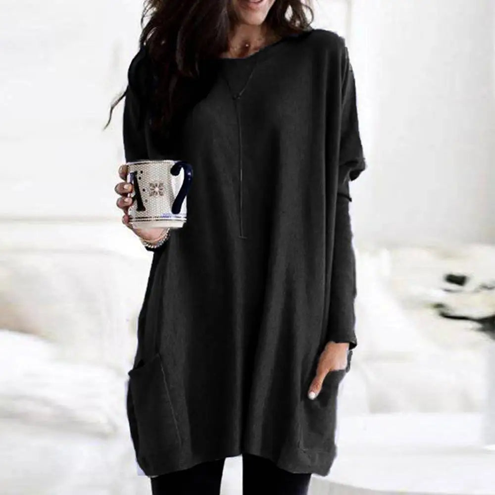 Women's Soft Cotton Blend Crew Neck Sweater Long Sleeve With Pockets