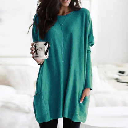 Women's Soft Cotton Blend Crew Neck Sweater Long Sleeve With Pockets