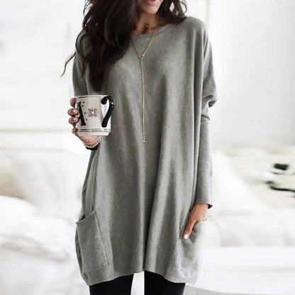 Women's Soft Cotton Blend Crew Neck Sweater Long Sleeve With Pockets - VibreMode