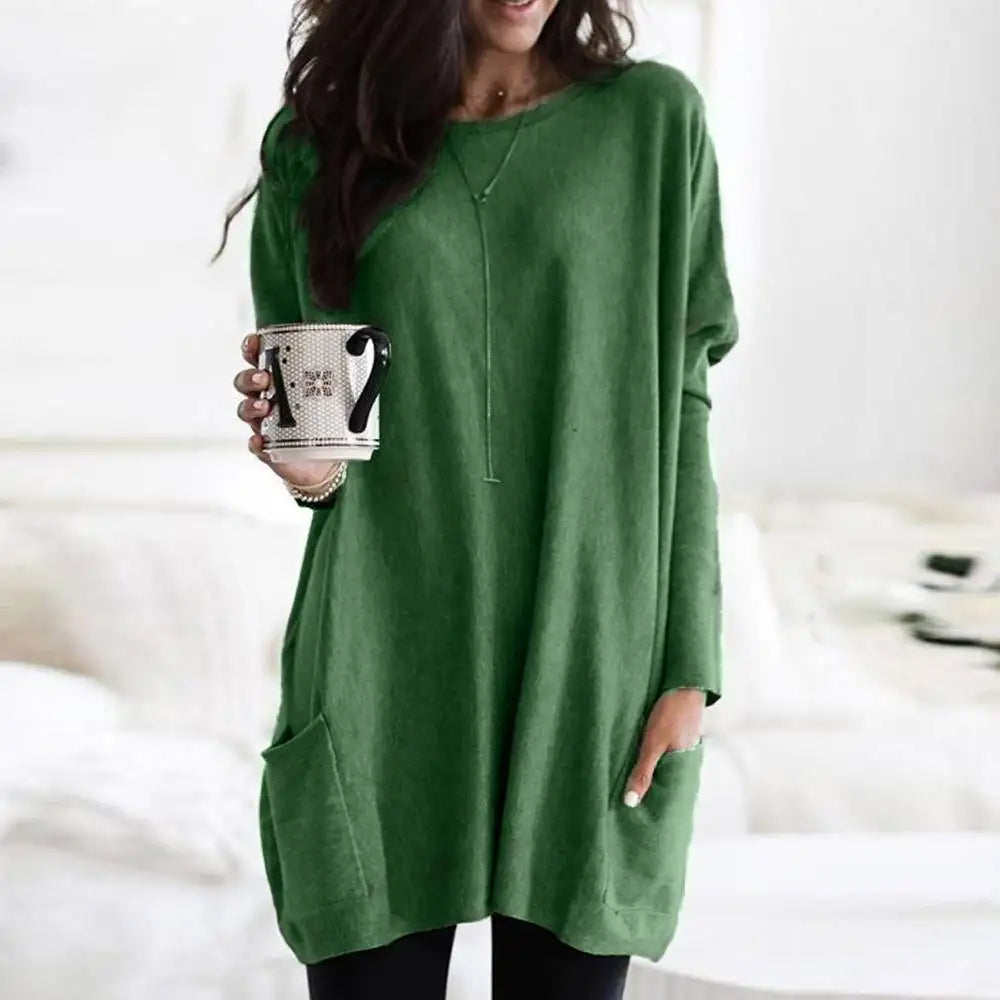 Women's Soft Cotton Blend Crew Neck Sweater Long Sleeve With Pockets