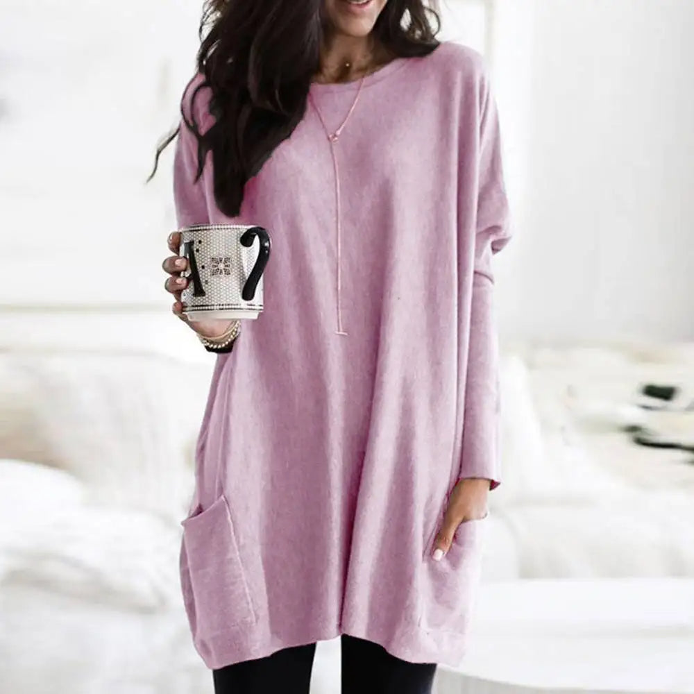 Women's Soft Cotton Blend Crew Neck Sweater Long Sleeve With Pockets