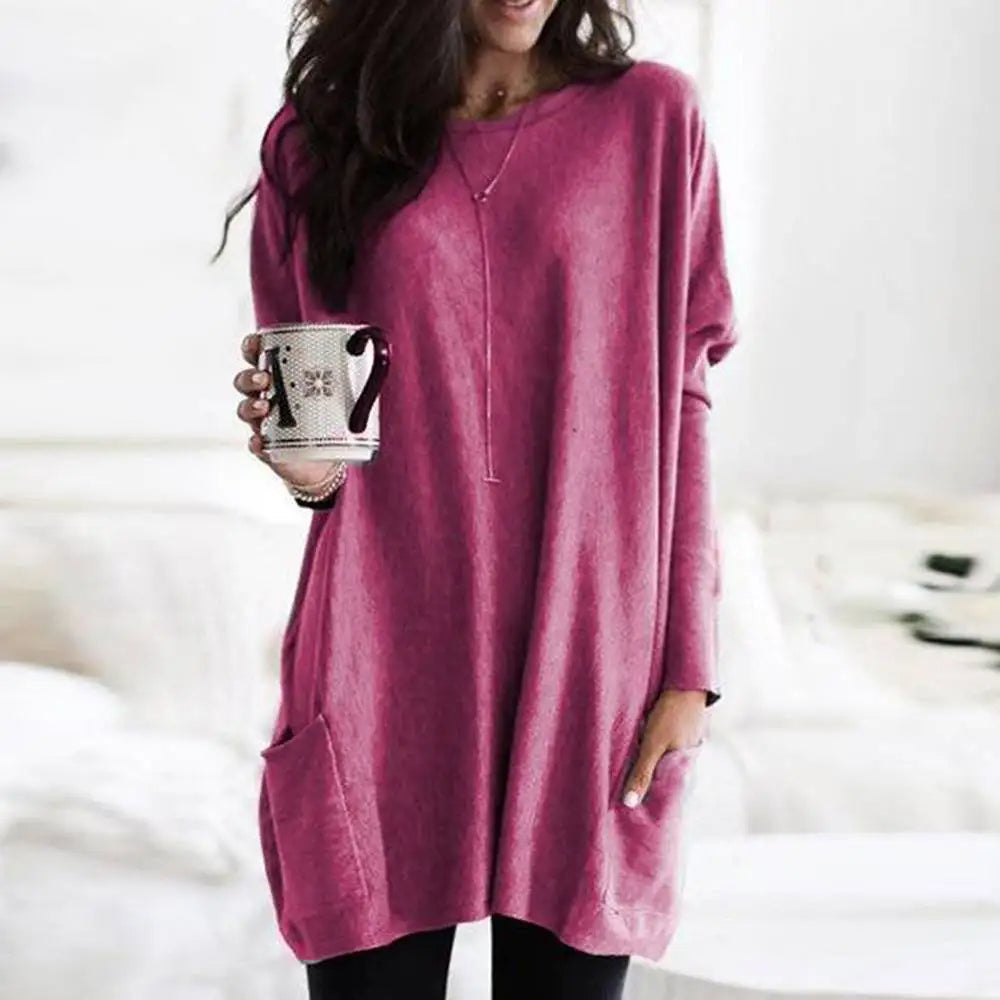 Women's Soft Cotton Blend Crew Neck Sweater Long Sleeve With Pockets