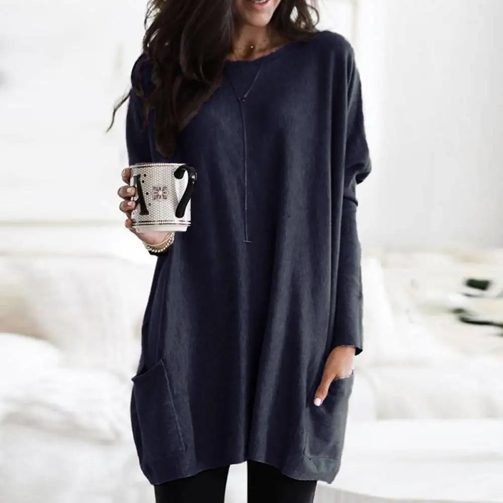 Women's Soft Cotton Blend Crew Neck Sweater Long Sleeve With Pockets