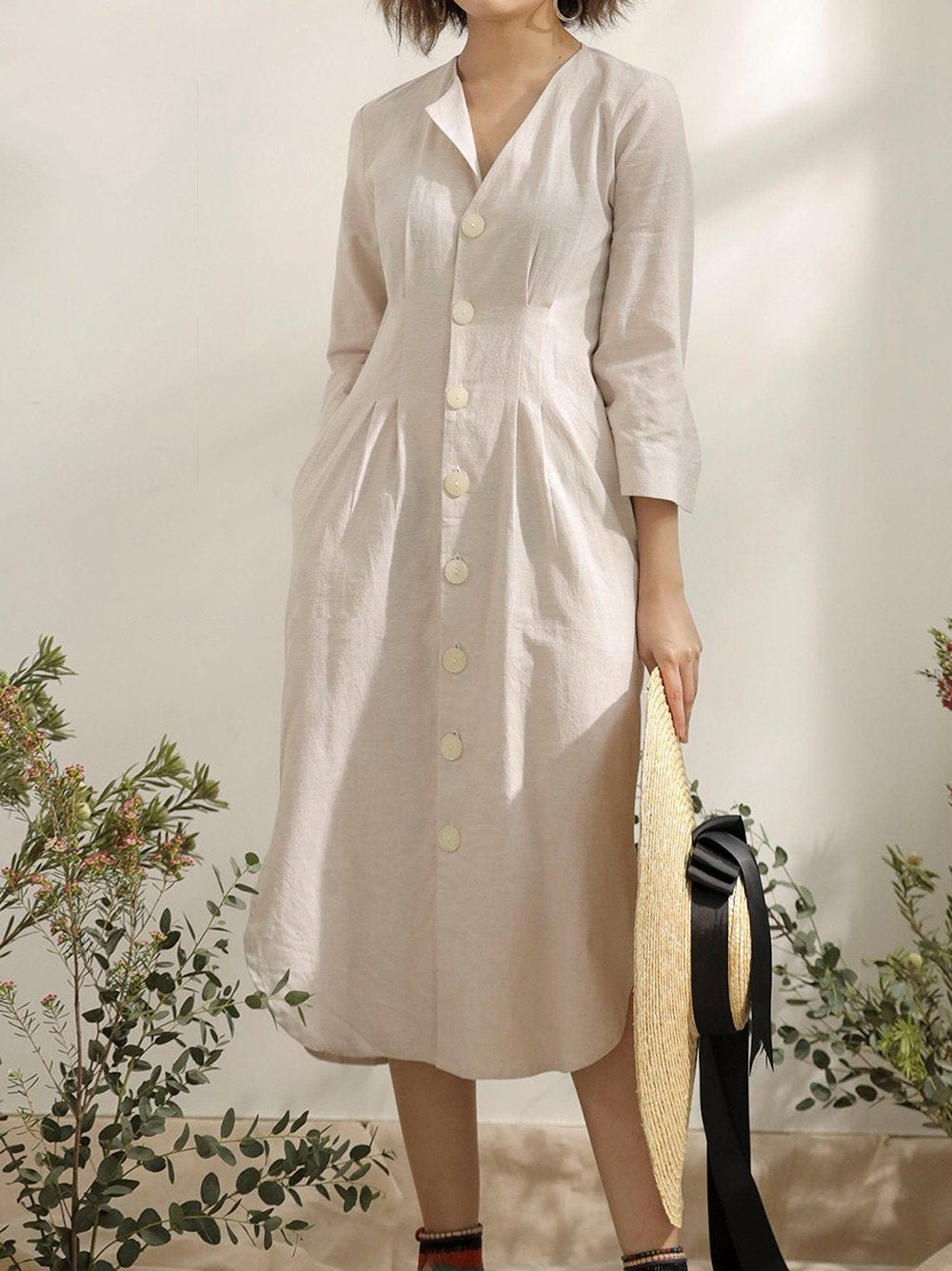 Simple Linen V Neck Summer Dress for Women