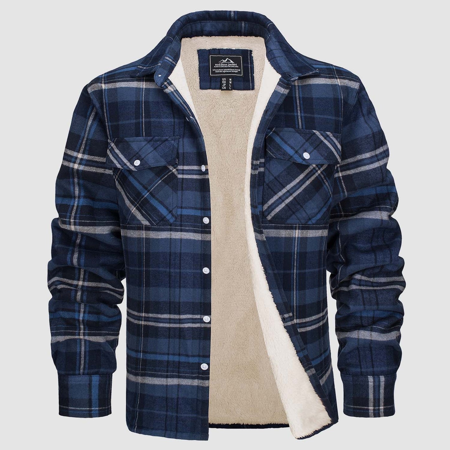 Men's Flannel Shirt Jacket Fleece Lined Cotton Warm Beige