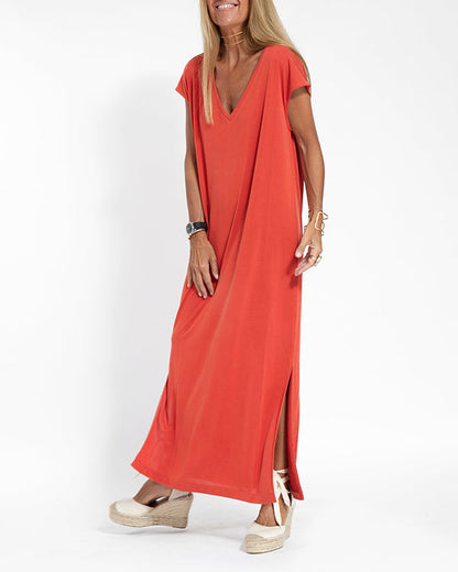 Pink Women's V Neck Summer Maxi Dress