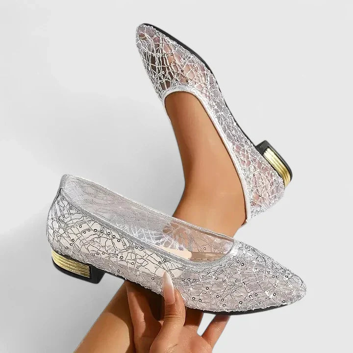 Elegant Lace Pointed Toe Ballet Flats with Low Heel - VibreMode