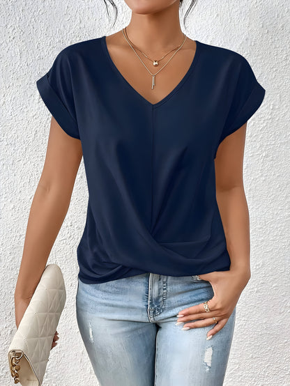 Chic V Neck Twist Front Ladies Summer Tee - VibreMode