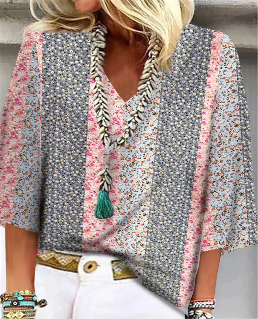 Colorful Floral Print V-Neck Blouse for Women - VibreMode