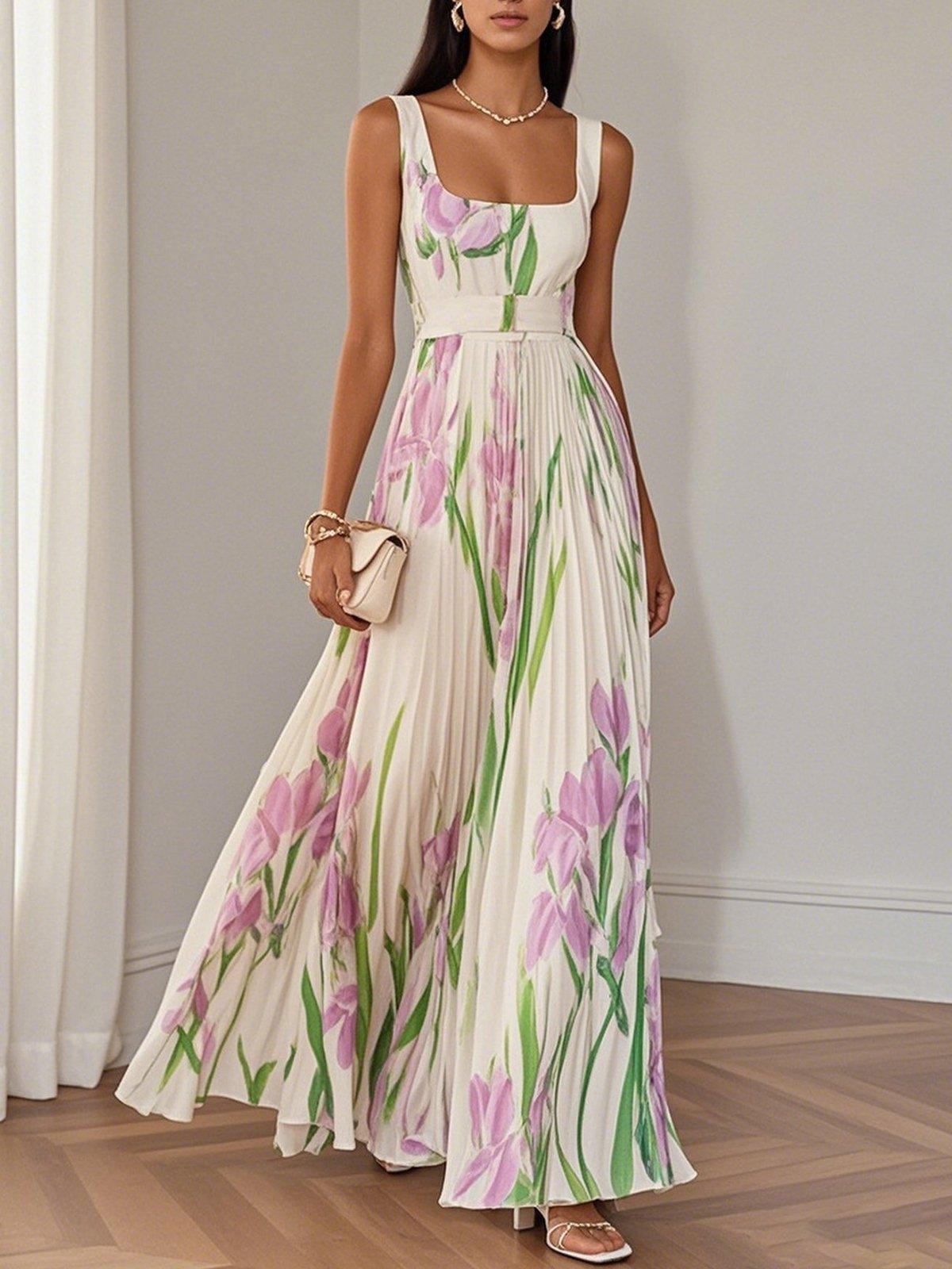 Elegant Flowy Floral Long Dress - VibreMode