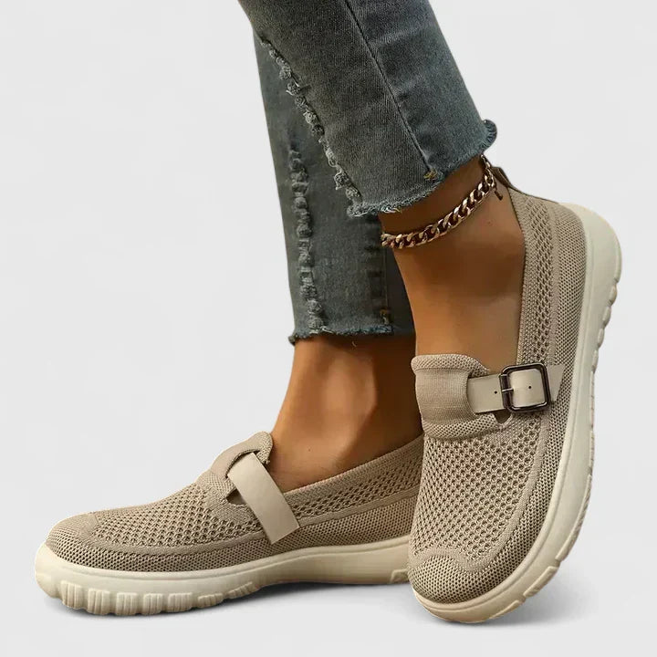 Women's Mesh Slip-On Sneakers Buckle Strap Detail - VibreMode