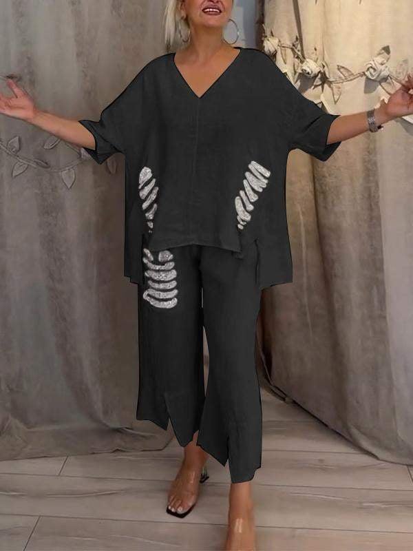 Relaxed Fit Women's 2 Piece V Neck Top and Pants