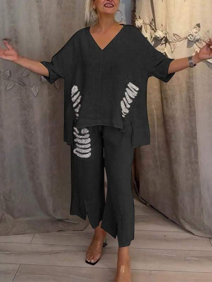 Relaxed Fit Women's 2 Piece V Neck Top and Pants