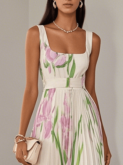 Women's Pleated Maxi Dress Floral Print Wide Straps