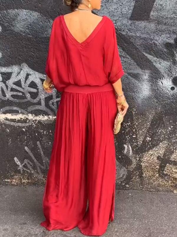 Green Women's V-Neck Flare Sleeve Loose Fit Jumpsuit Set