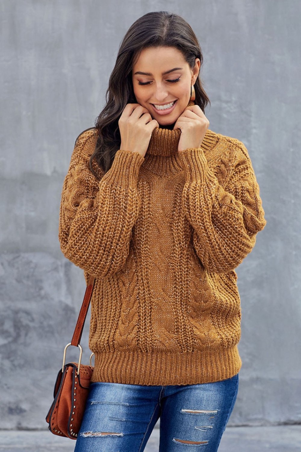 Women's Turtleneck Sweater Chunky Braided Pattern