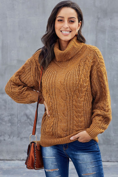 Women's Turtleneck Sweater Chunky Braided Pattern - VibreMode